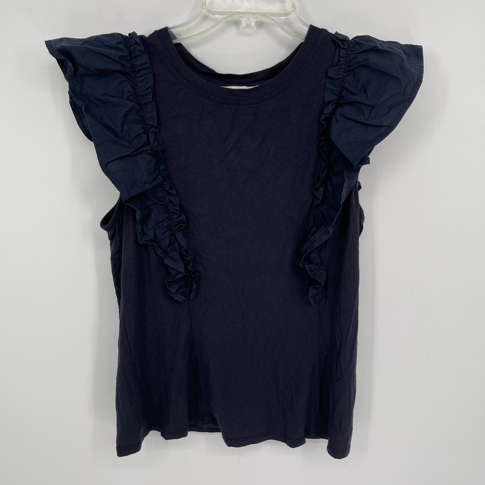 Skies Are Blue Women's Navy Ruffle Flutter Sleeve Crewneck Knit Top Size M